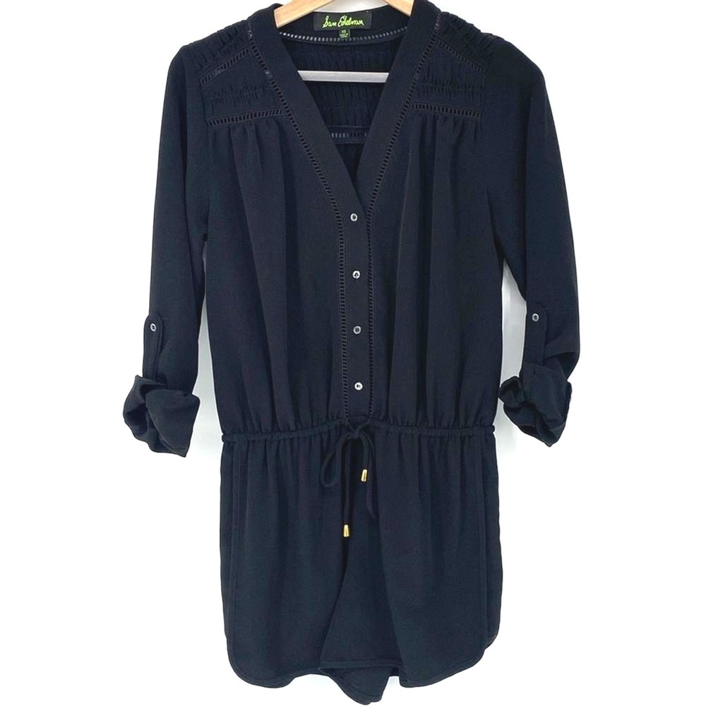 Sam Edelman Black Long Sleeve Laser Cut Out Romper Shorts‎ Size XS